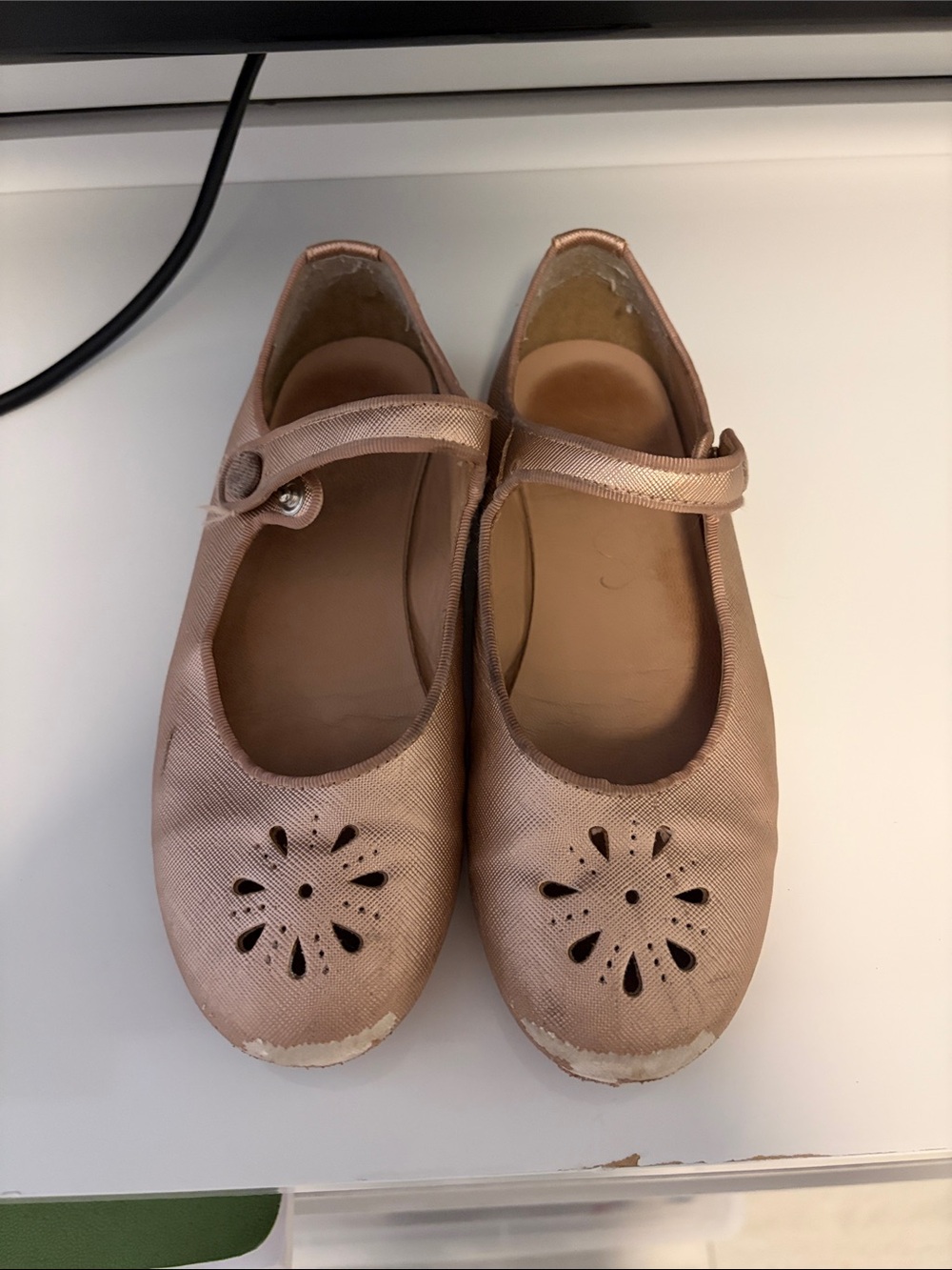 Girls Shimmering Rose Gold Mary Jane Flats with Floral Cutouts Size 34
